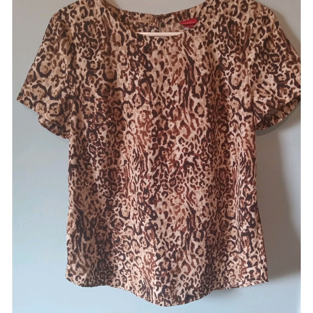 Merona Womens Size M Short Sleeve Leopard Print Blouse Top Brown‎ Black